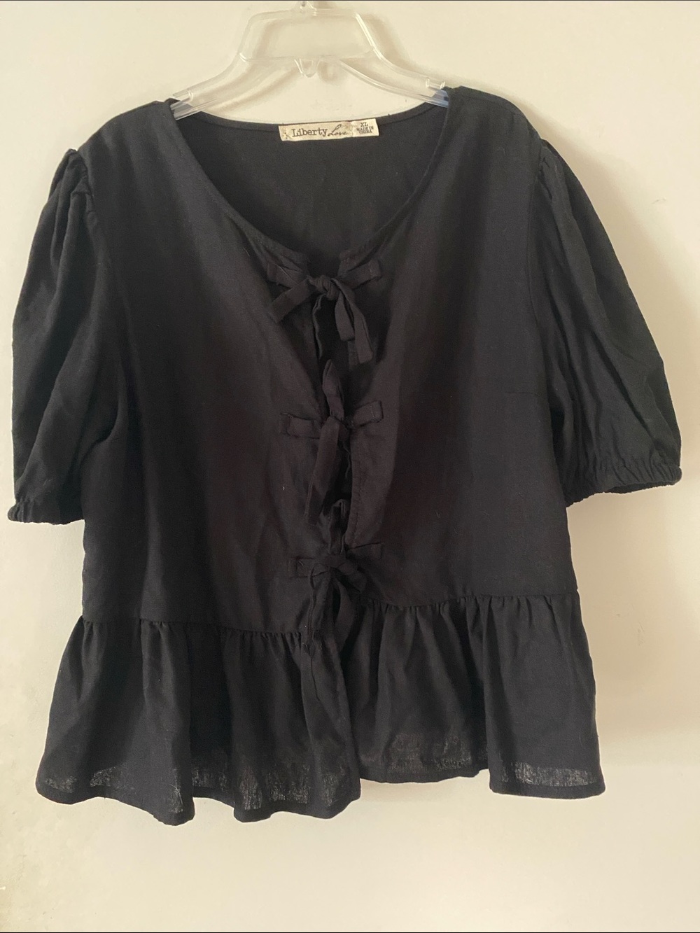 ❤️ 3 for 12.00 Liberty Love Black Tie-Front Peasant Blouse